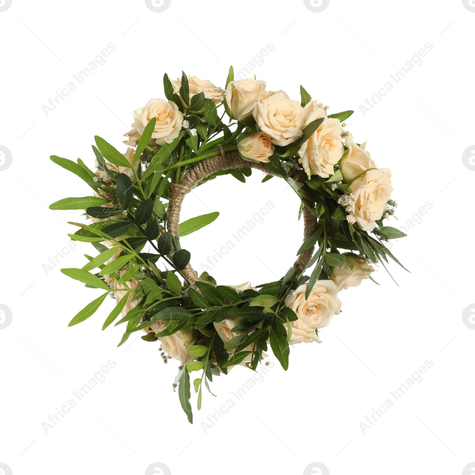 Photo of Wreath made of beautiful flowers isolated on white