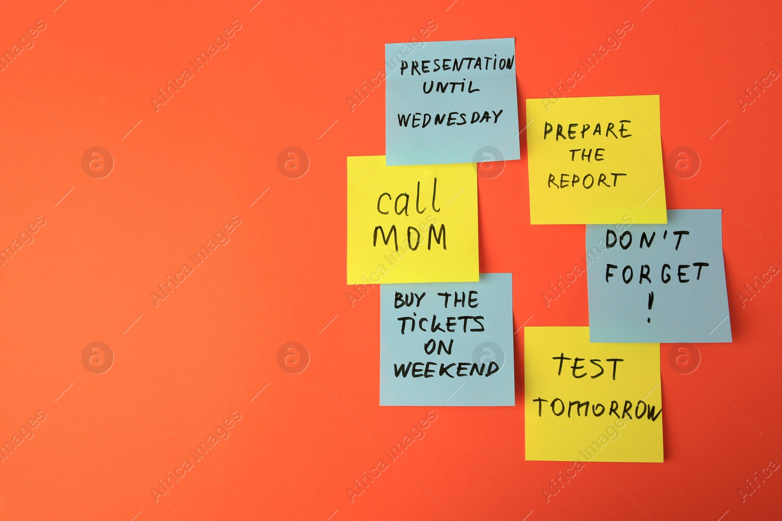 Photo of Many different reminder notes on orange background, flat lay. Space for text