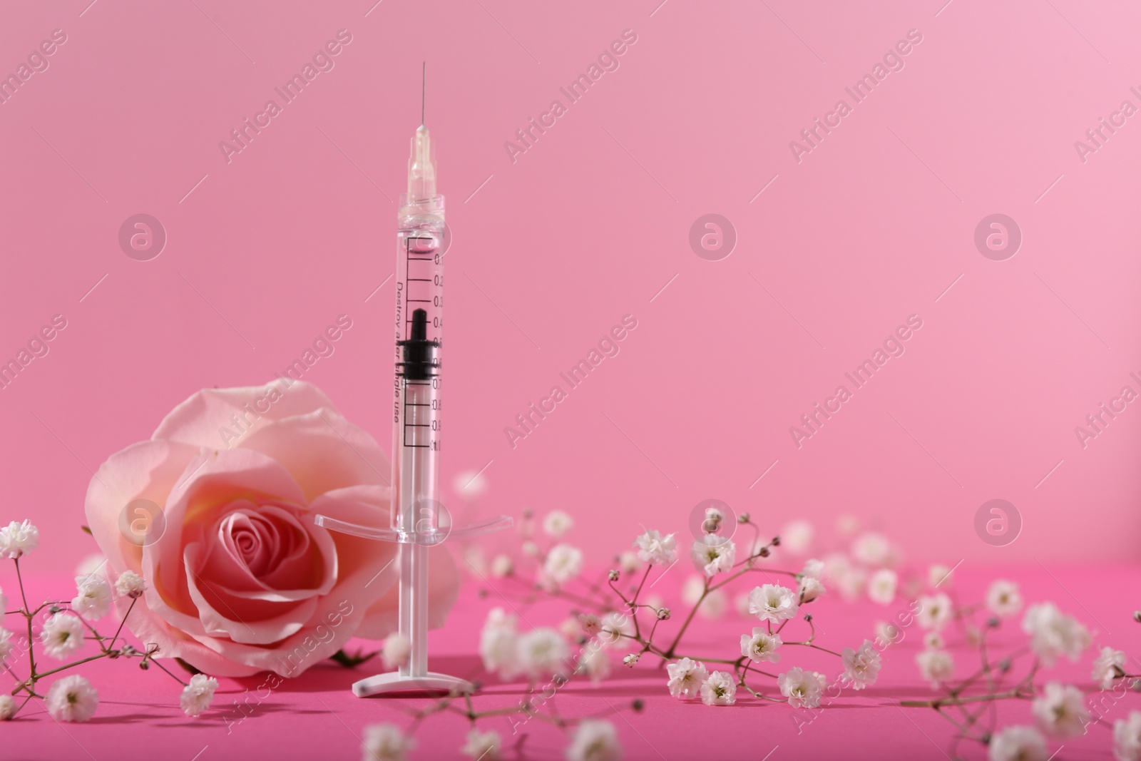 Photo of Cosmetology. Medical syringe, rose and gypsophila flowers on pink background, space for text