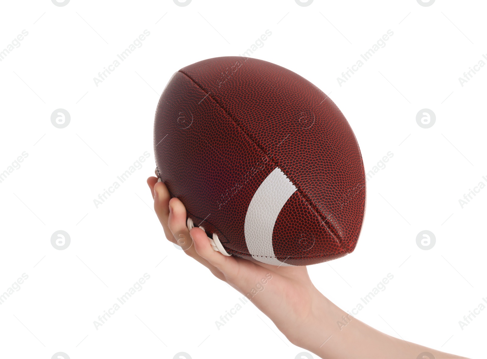 Photo of Boy with american football ball on white background, closeup