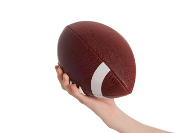 Boy with american football ball on white background, closeup