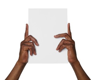 African American man holding sheet of paper on white background, closeup. Mockup for design