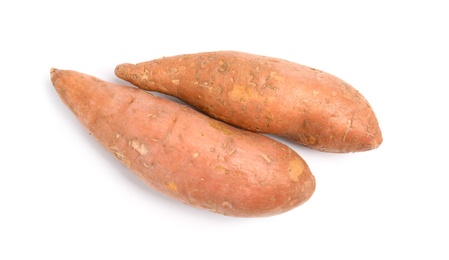 Photo of Whole ripe sweet potatoes on white background, top view