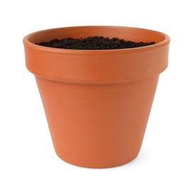 Photo of Clay flower pot with soil isolated on white