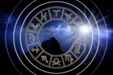 Zodiac wheel on mountain landscape with starry sky as background. Horoscopic astrology