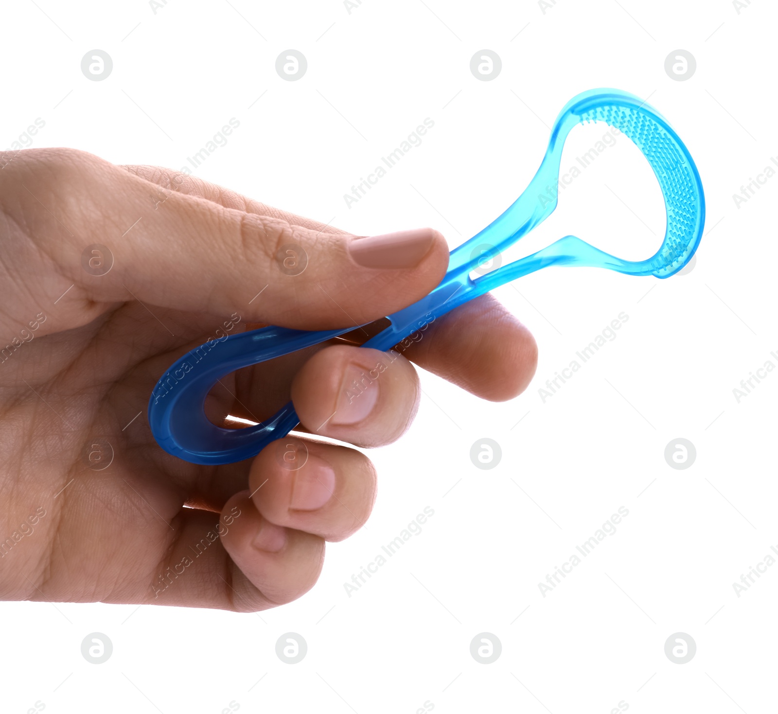 Photo of Woman holding tongue cleaner for oral care on white background, closeup