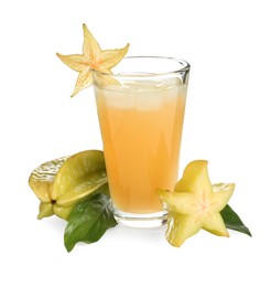 Delicious carambola juice in glass on white background