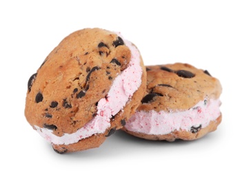 Photo of Sweet delicious ice cream cookie sandwiches on white background