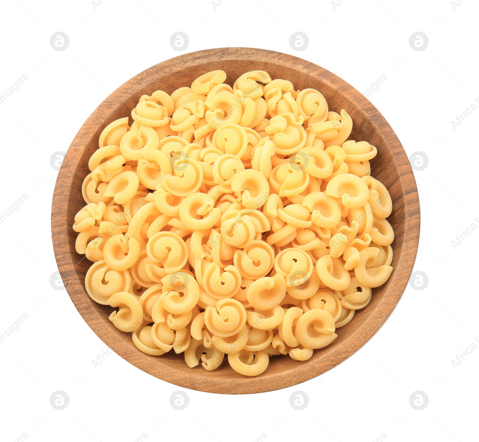 Photo of Raw dischi volanti pasta in bowl isolated on white, top view