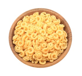 Raw dischi volanti pasta in bowl isolated on white, top view