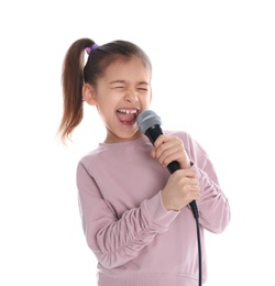 Photo of Cute funny girl with microphone on white background