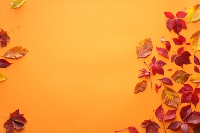 Photo of Beautiful autumn leaves on light orange background, flat lay. Space for text