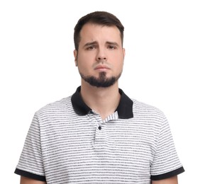 Photo of Portrait of sad man on white background