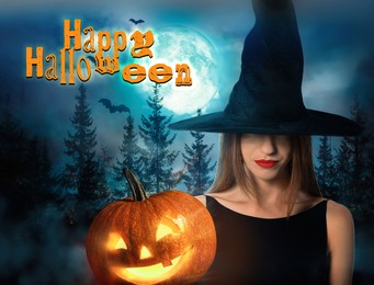 Happy Halloween. Woman wearing witch hat with spooky pumpkin jack o'lantern in misty forest under full moon