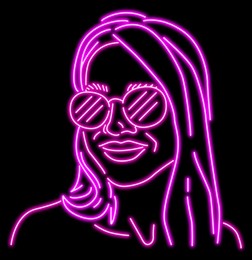 Illustration of Glowing neon sign with outline of girl on black background