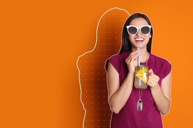 Image of Beautiful woman with refreshing cocktail on orange background, stylish design. Summer party