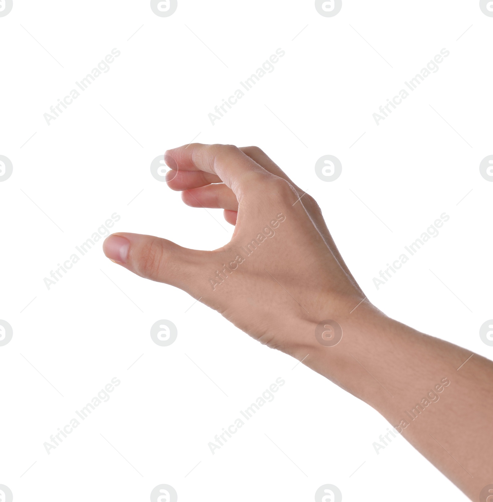 Photo of Woman holding something on white background, closeup of hand