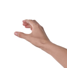 Photo of Woman holding something on white background, closeup of hand