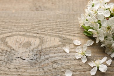 Spring blossoms and petals on wooden table, closeup. Space for text