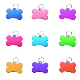 Image of Set with multicolor bone shaped dog tags on white background