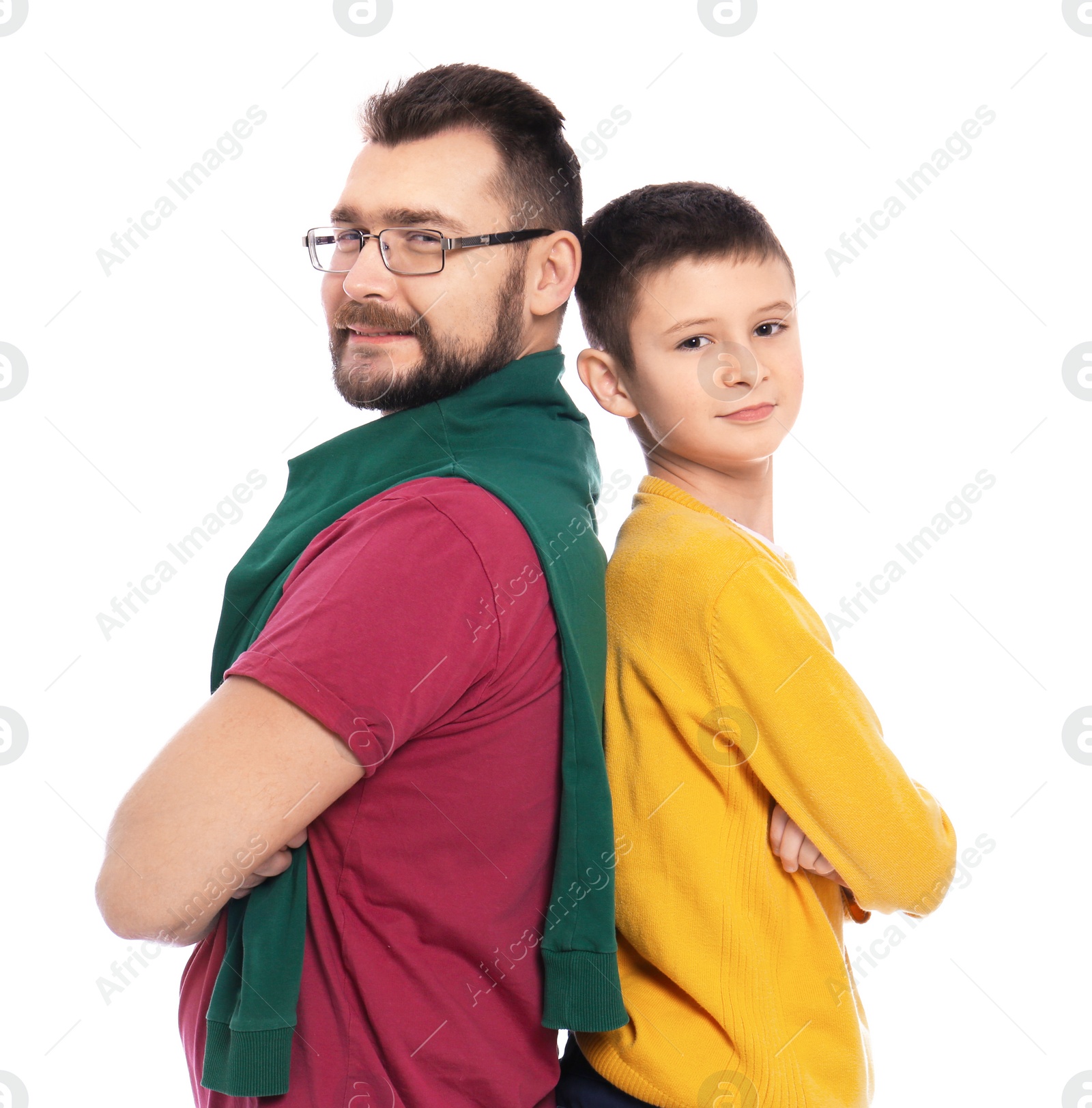 Photo of Little boy and his dad on white background