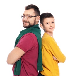 Photo of Little boy and his dad on white background