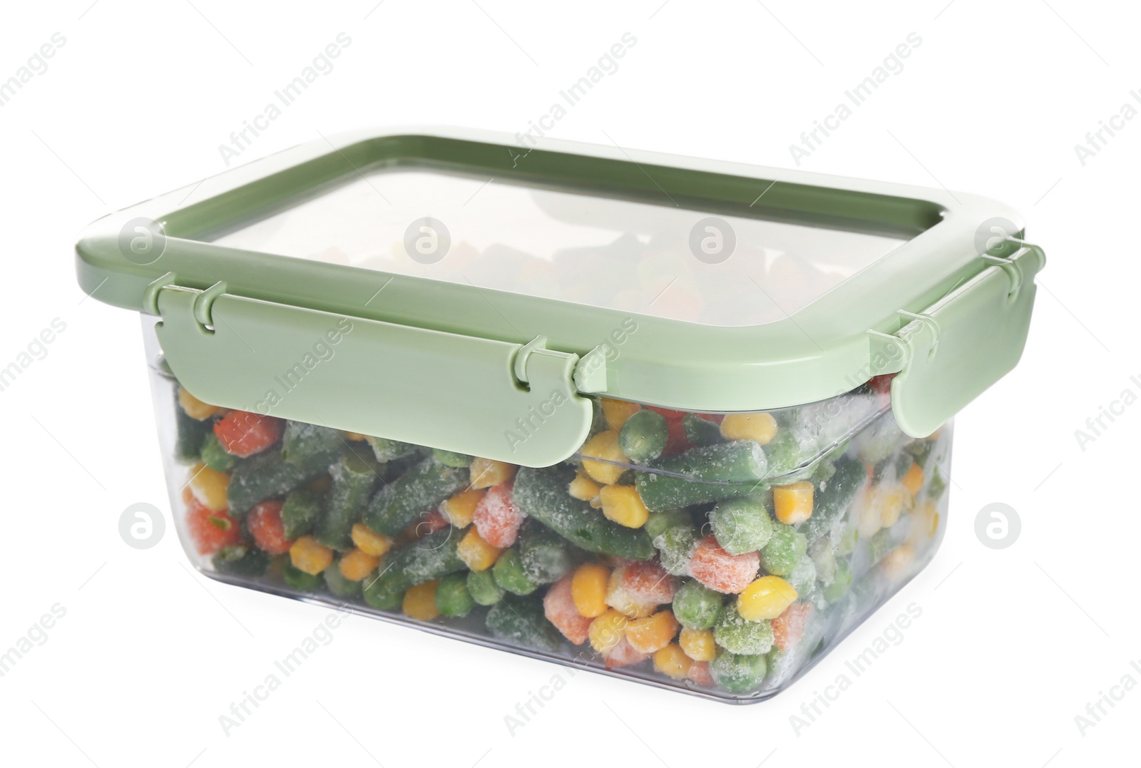 Photo of Frozen vegetables in plastic container isolated on white