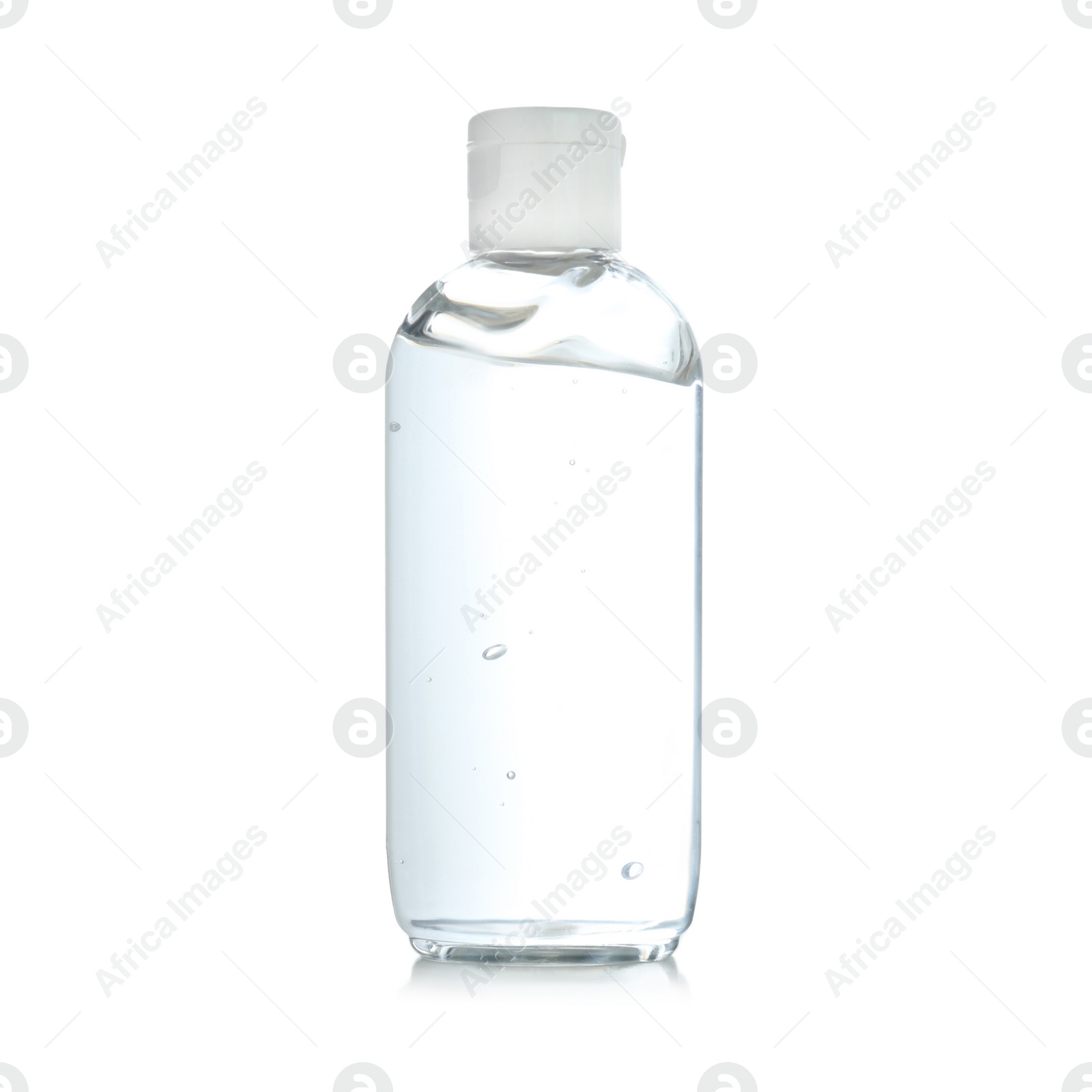 Photo of Bottle of antibacterial hand gel on white background