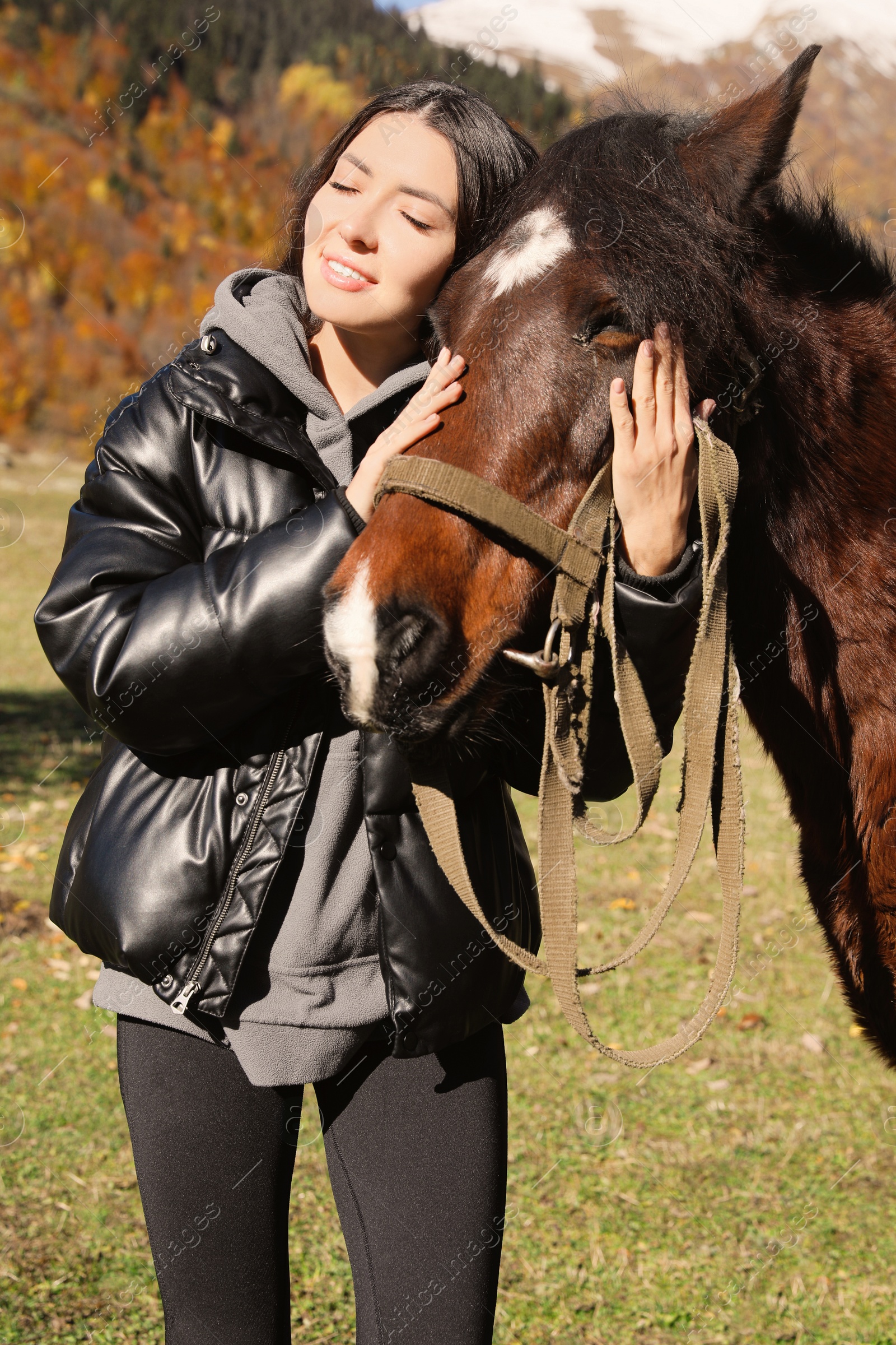 Photo of Young woman hugging horse in mountains on sunny day. Beautiful pet