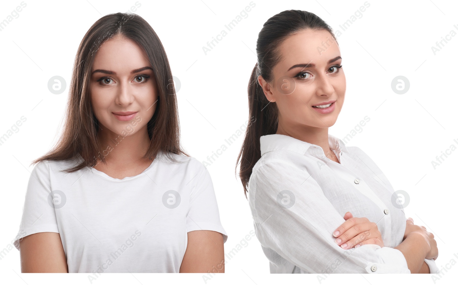 Image of Portrait of twin sisters on white background