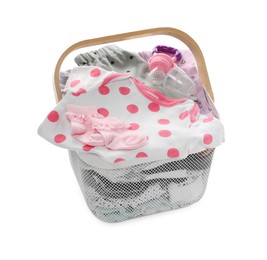 Laundry basket with baby clothes isolated on white