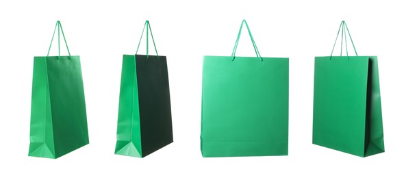 Green shopping bag isolated on white, different sides