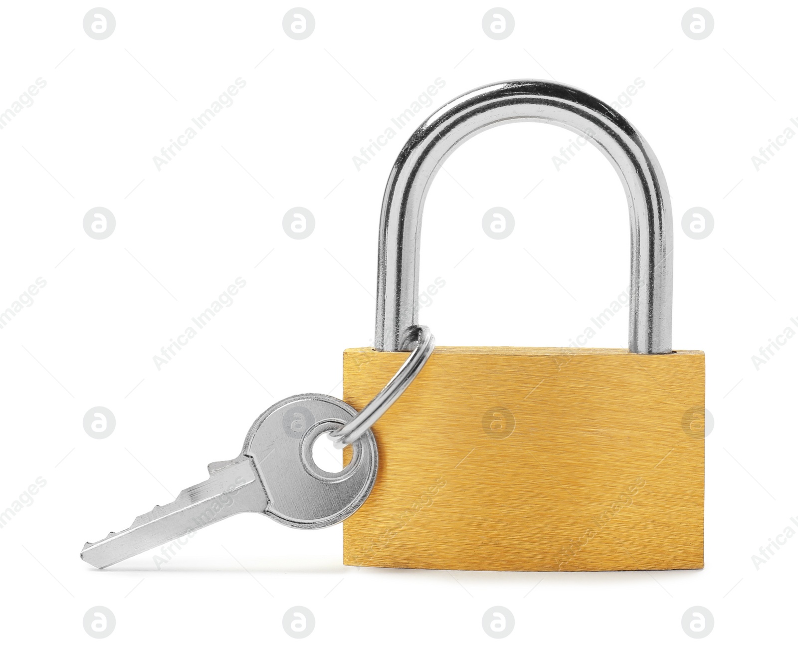 Photo of Steel padlock and key isolated on white