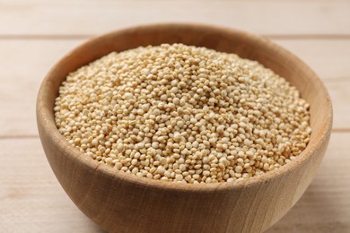 Photo of Raw quinoa in wooden bowl on table, closeup