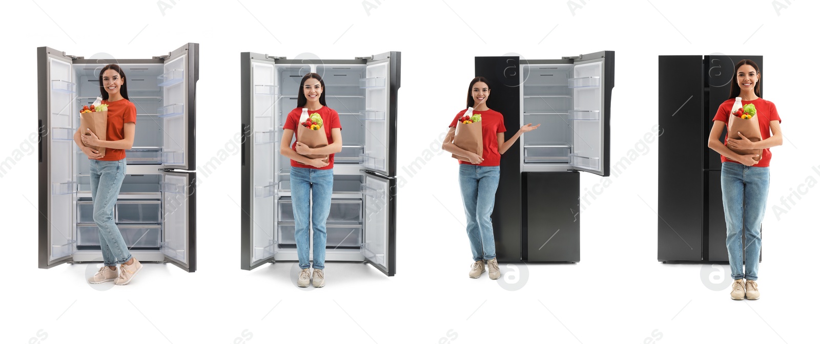 Image of Collage of woman with bag of groceries near open empty refrigerators on white background