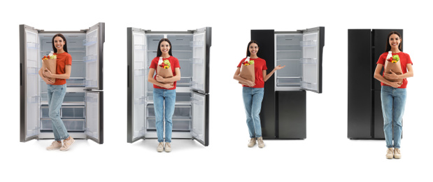 Collage of woman with bag of groceries near open empty refrigerators on white background