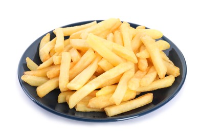 Plate with delicious french fries on white background