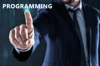 Image of Businessman pointing at word PROGRAMMING on virtual screen, closeup 