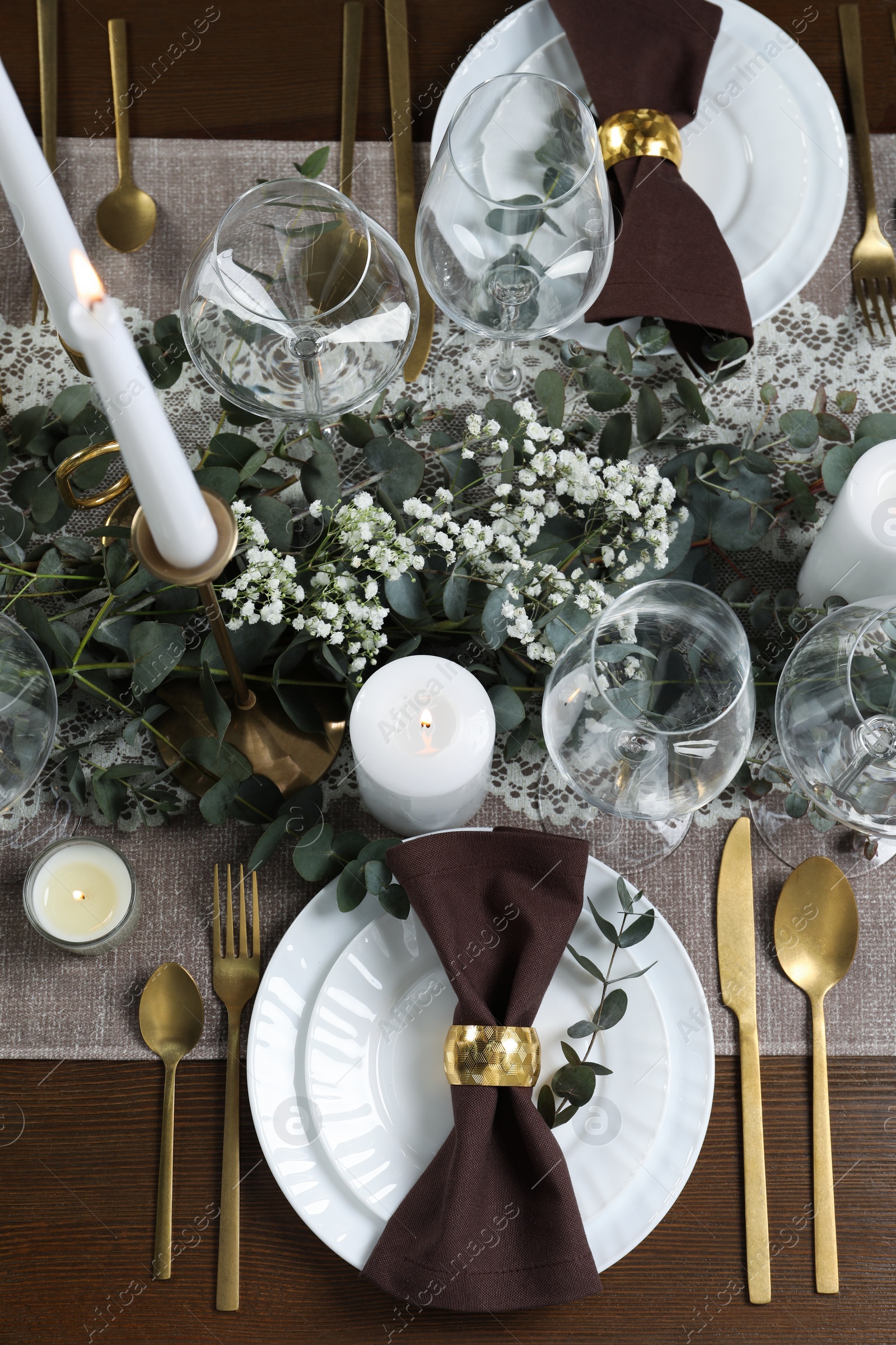 Photo of Stylish elegant table setting for festive dinner, flat lay