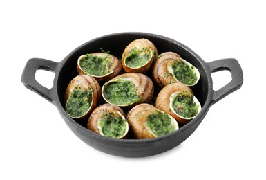 Photo of Delicious cooked snails in baking dish isolated on white