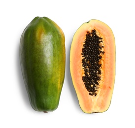 Fresh juicy ripe papayas on white background, top view