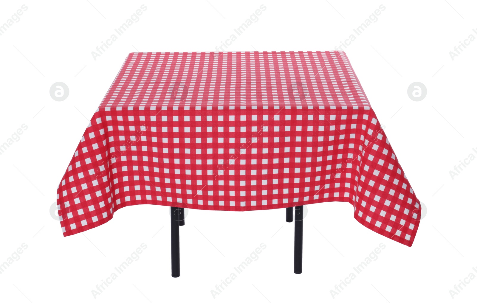 Photo of Table with red checkered tablecloth isolated on white