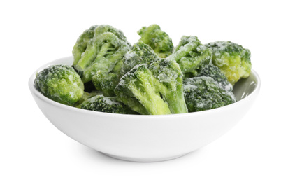 Photo of Frozen broccoli in bowl isolated on white. Vegetable preservation