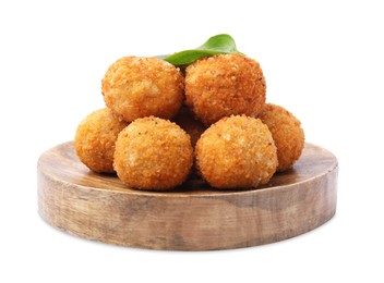 Wooden tray with delicious fried tofu balls and basil on white background
