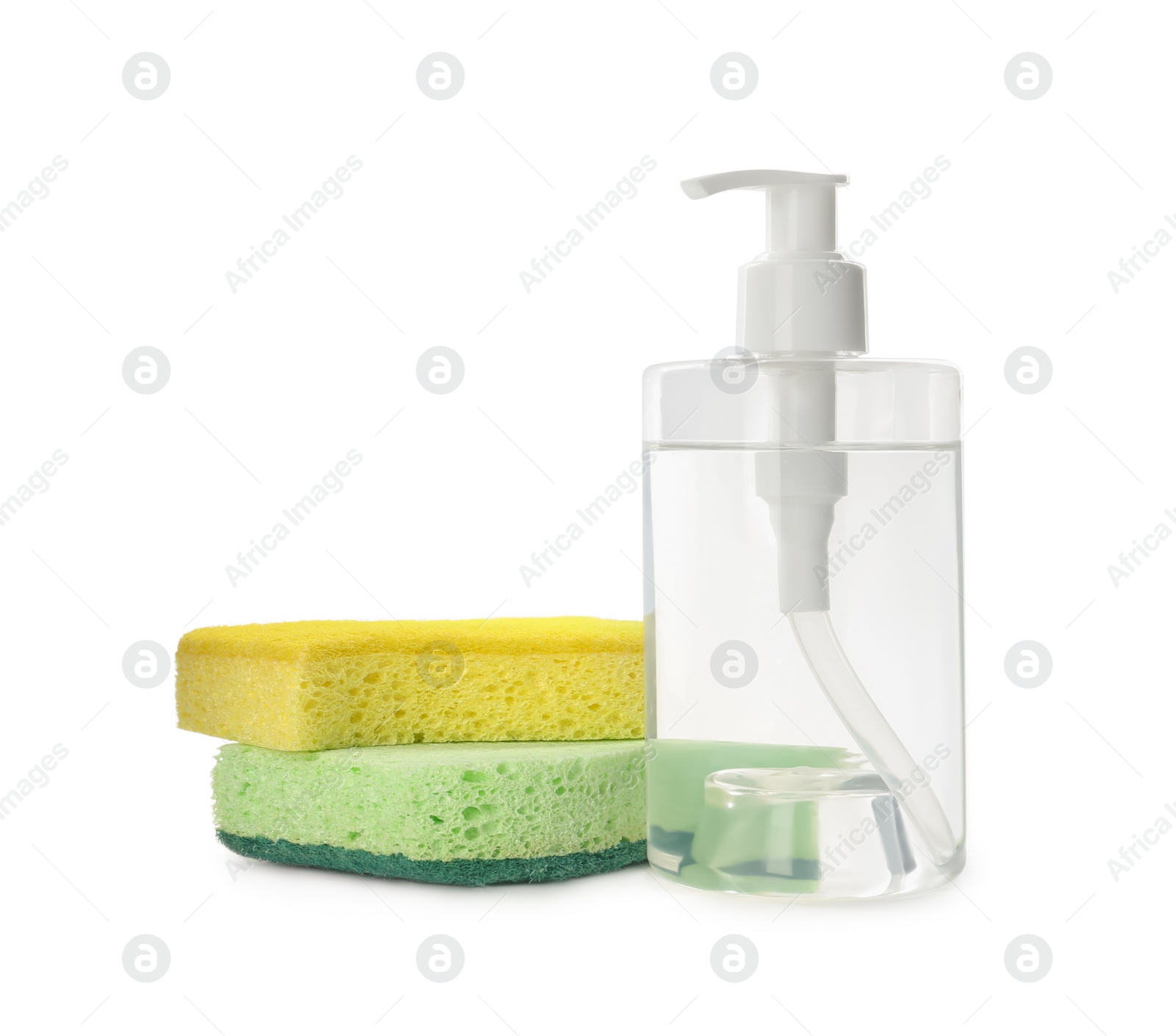 Photo of Cleaning supply and sponges for dish washing on white background