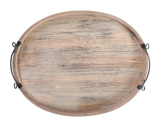 Wooden tray isolated on white, top view. Stylish interior element