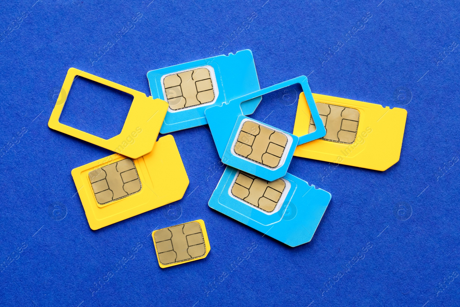 Photo of Different SIM cards on blue background, flat lay