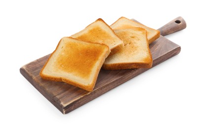 Photo of Board with slices of delicious toasted bread on white background
