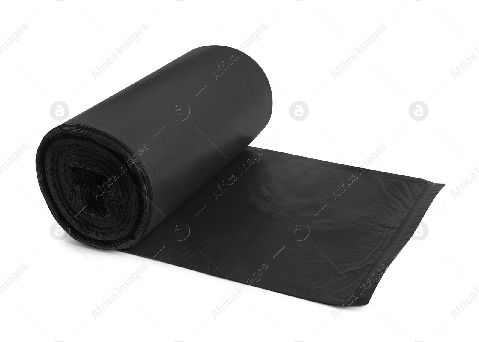 Photo of Roll of black garbage bags on white background. Cleaning supplies