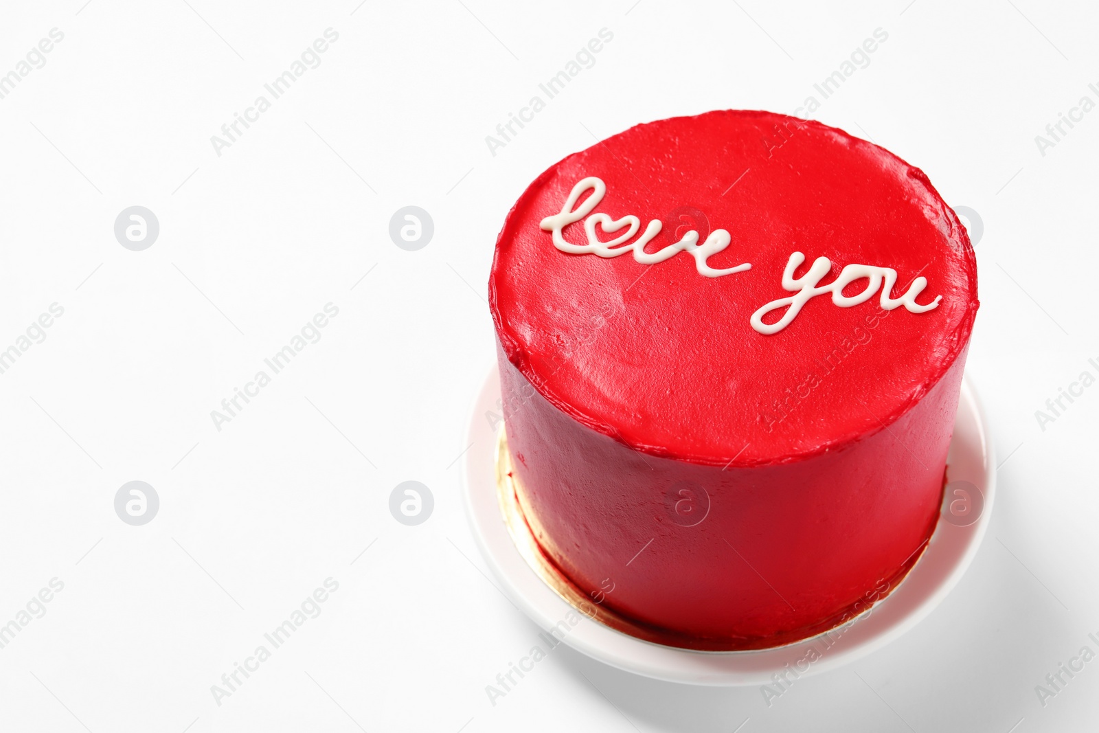 Photo of Bento cake with text Love You on white table, space for text. St. Valentine's day surprise